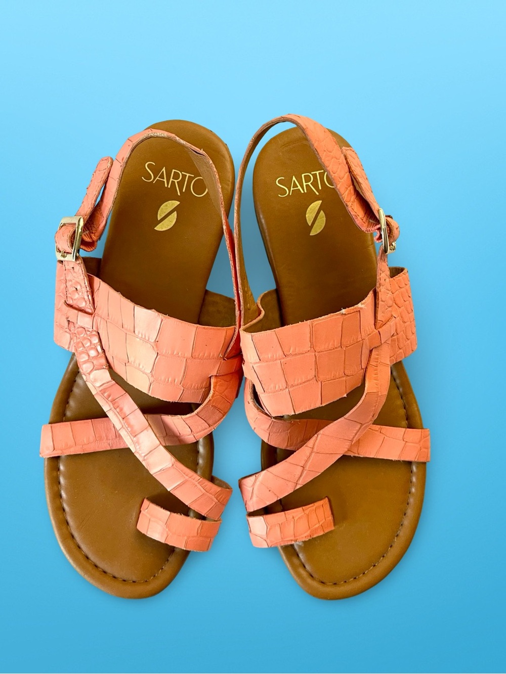 Franco Sarto Gia Coral Pink Textured Leather Toe Loop Slingback Sandals Sz8